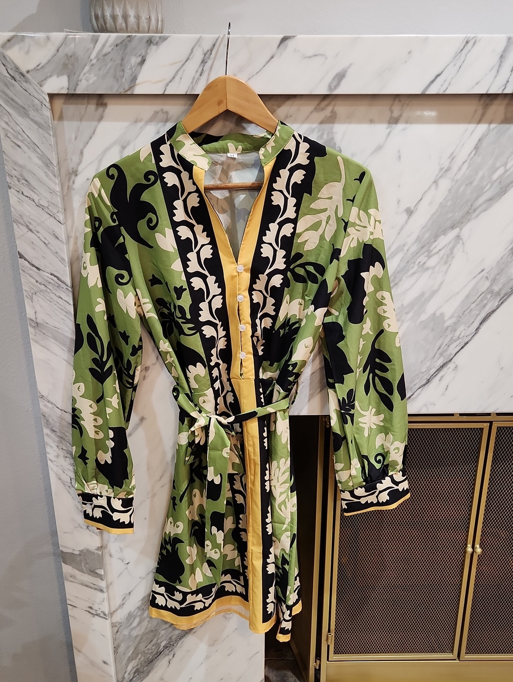 Green Floral Button-Front Belted Dress with Yellow Trim